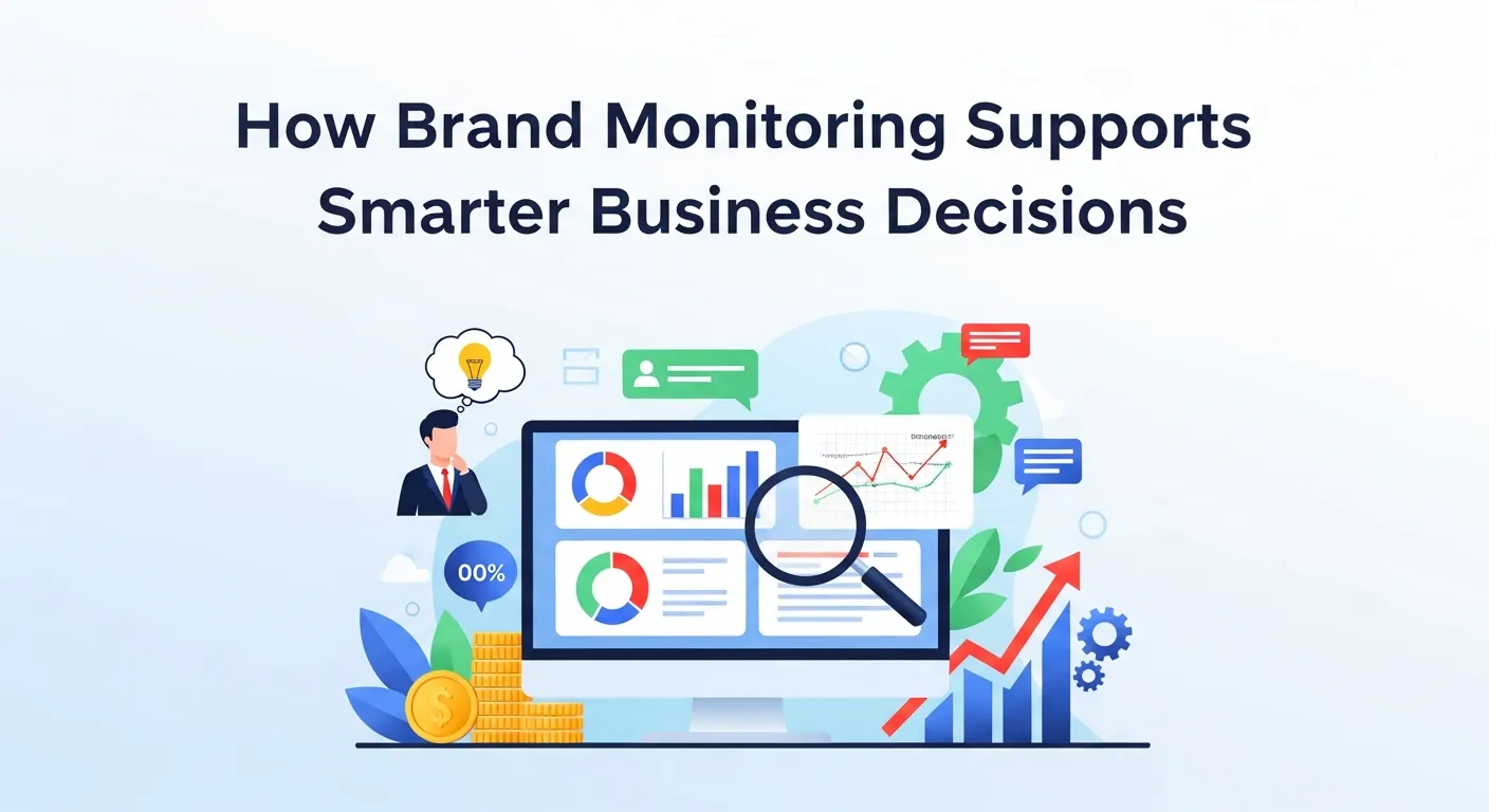 Graphic illustrating how brand monitoring helps businesses make smarter decisions through insights on reputation, customer feedback, and market trends.