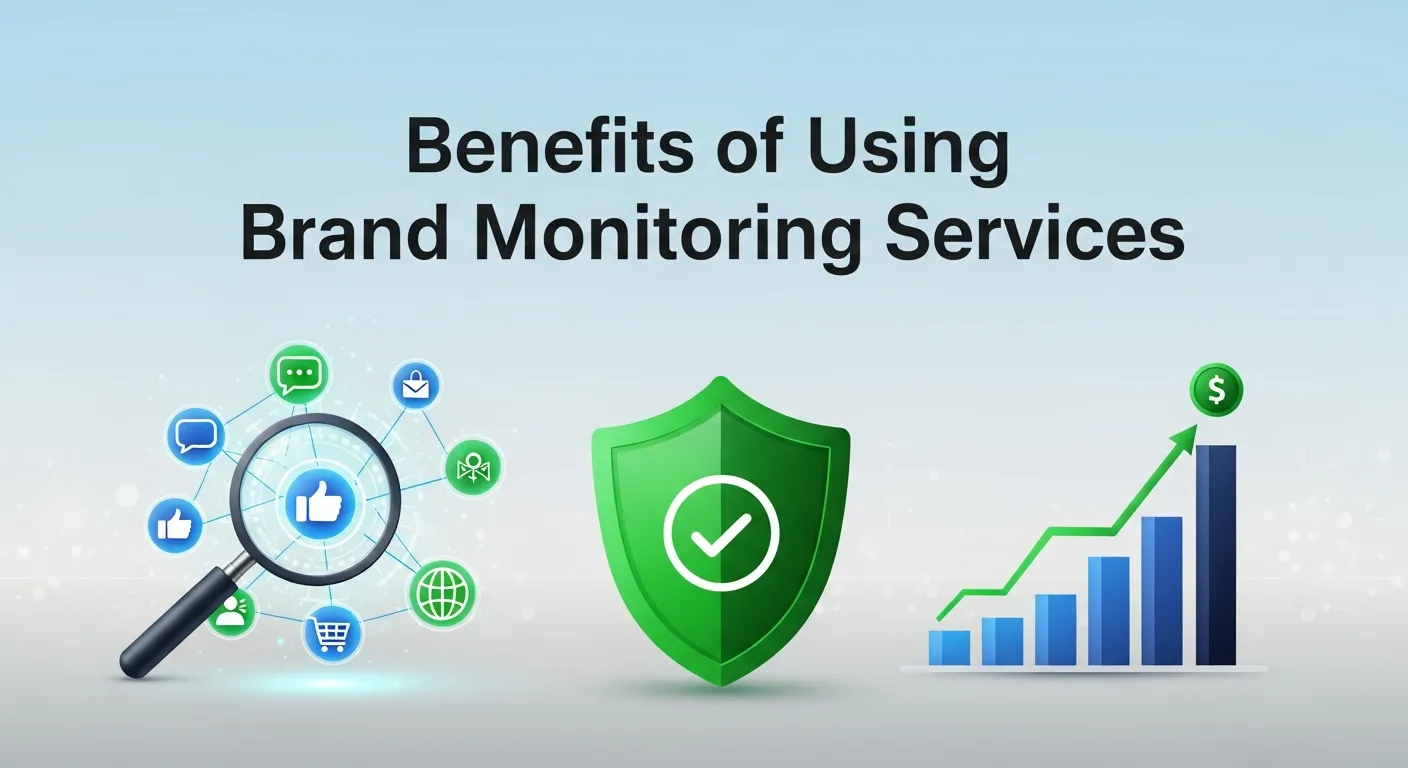Illustration showing key benefits of brand monitoring services for businesses, including reputation management, customer insights, and competitive analysis.