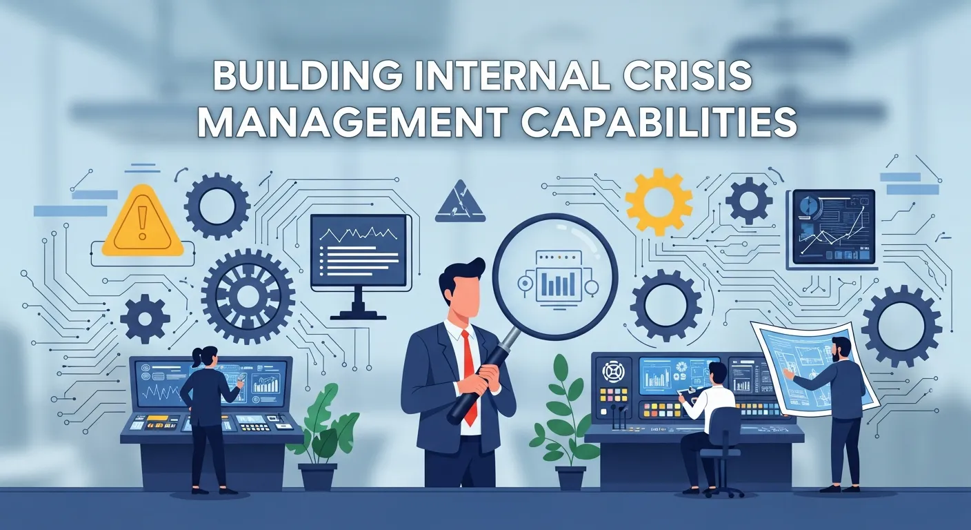 Graphic illustrating how to build internal crisis management capabilities, including staff training, documented procedures, and effective communication systems.