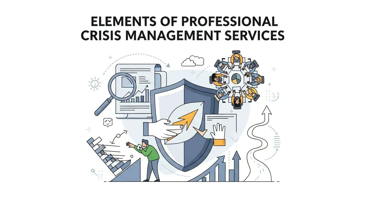 Diagram showing key elements of professional crisis management services, including risk assessment, crisis communication strategy, emergency response coordination, and business continuity planning.