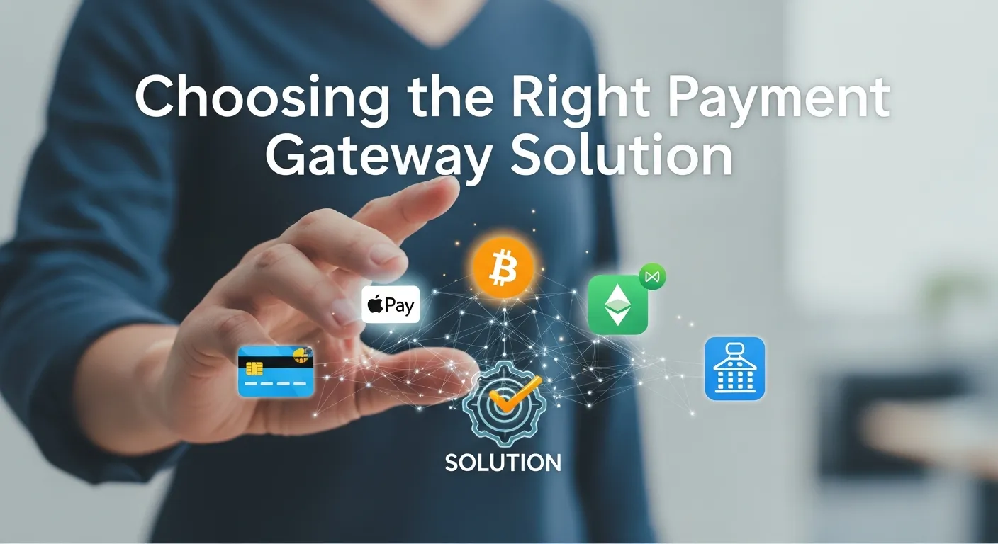 Illustration showing how businesses choose the right payment gateway solution based on security, cost, and features.