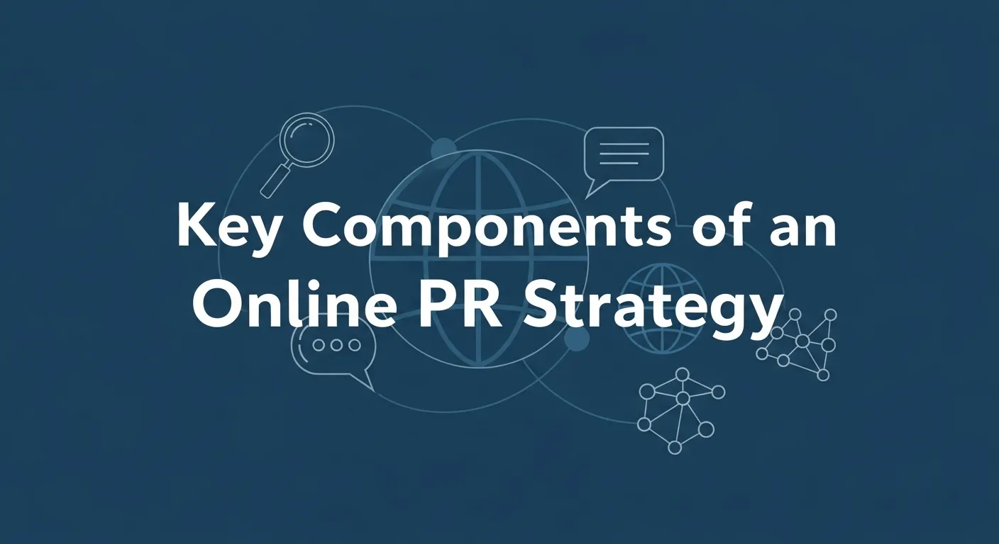 Illustration showing the key components of an online PR strategy, including media outreach, content creation, social media engagement, and reputation management.
