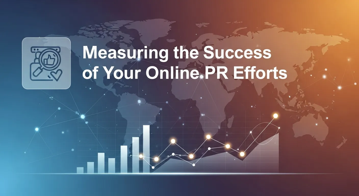 Illustration showing how to measure the success of online PR efforts using metrics like media coverage, social engagement, website traffic, and brand reputation.