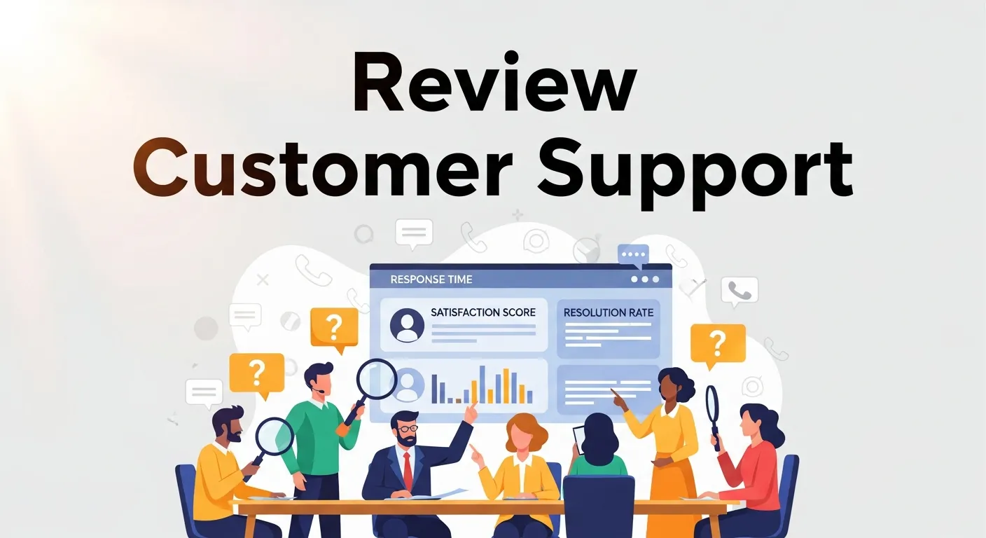 Graphic illustrating the review of customer support quality, response time, and service channels.