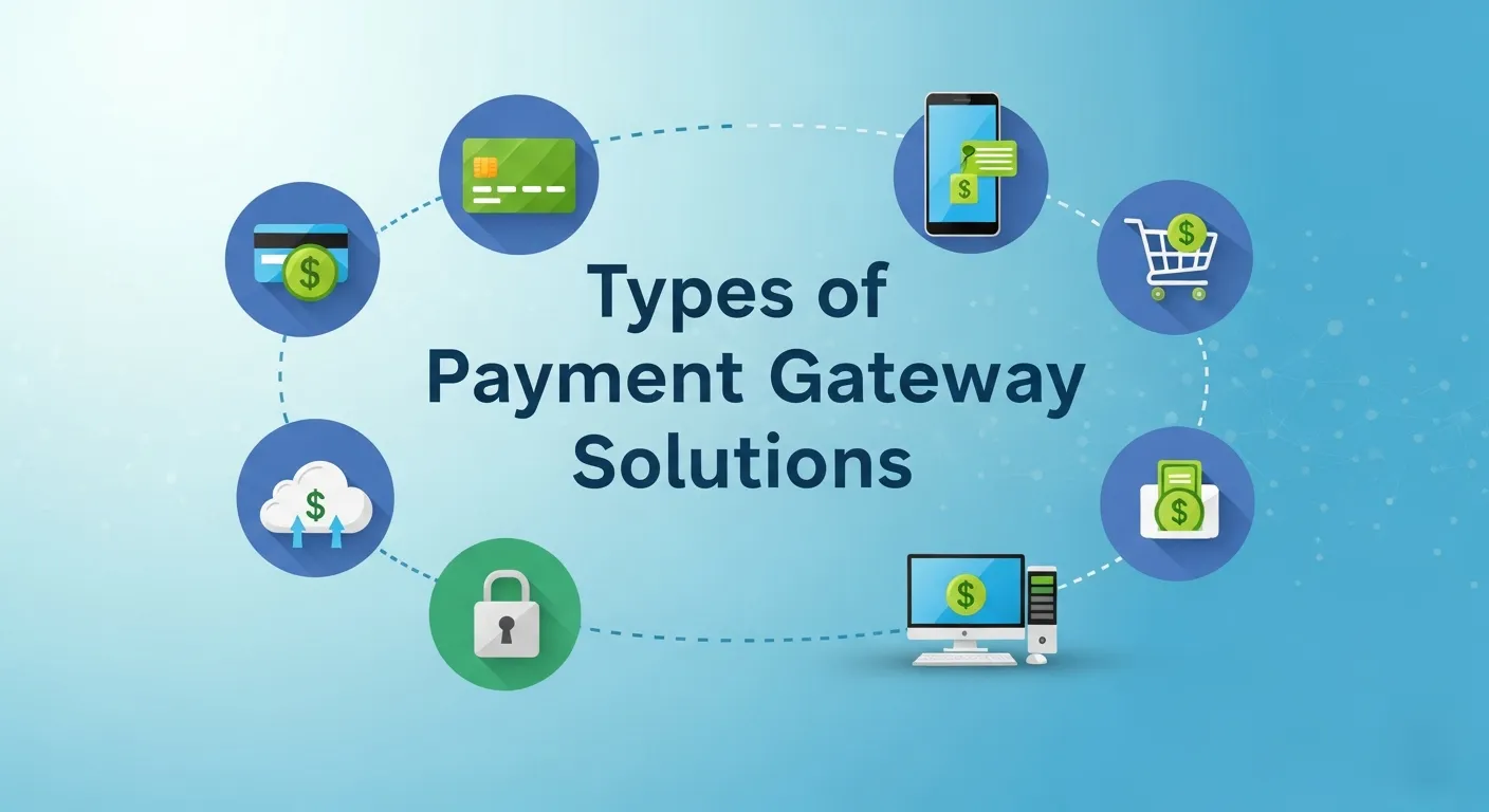 Illustration showing different types of payment gateway solutions, including hosted, self-hosted, API-based, and local bank integrations