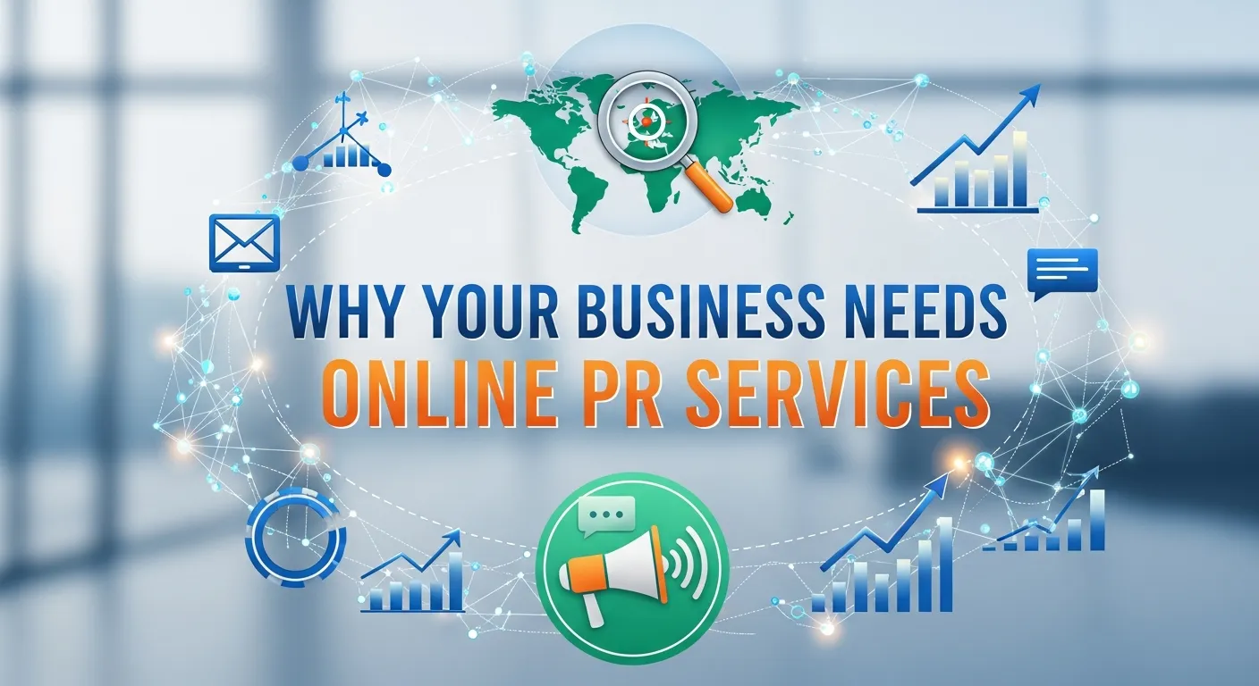 Illustration showing the benefits of online PR services for businesses, including brand visibility, reputation management, and audience engagement.