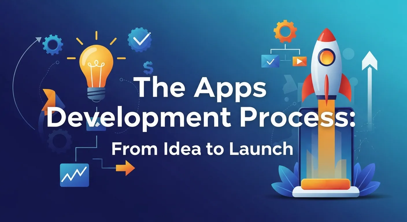 Illustration showing the app development process from initial idea to launch, including planning, design, development, testing, and deployment.