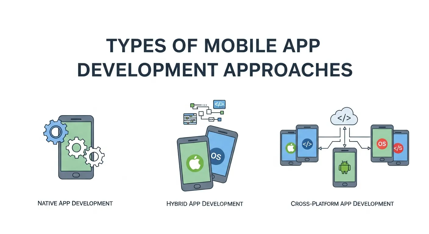 Illustration showing different mobile app development approaches, including native, hybrid, and cross-platform development